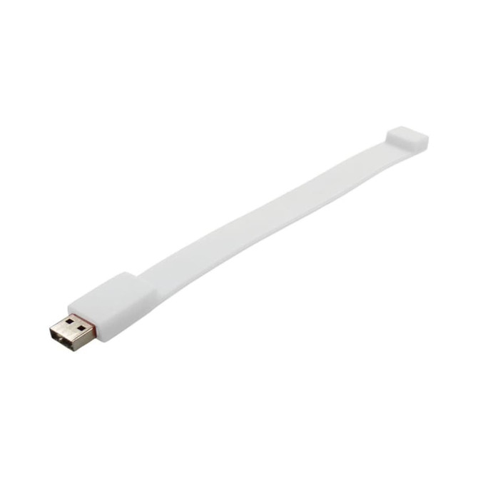 A white silicone wristband with a USB connector at one end and a smooth surface. It features a logo.