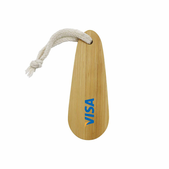 A bamboo paddle nail file with a rope handle and a logo, showcasing a natural wood colour.