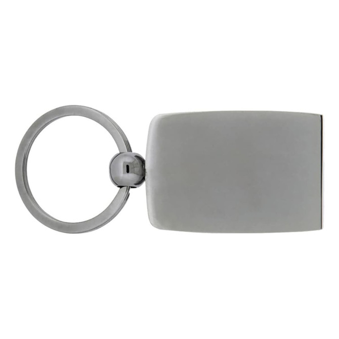 A sleek silver carbon fibre keychain with a round attachment ring and a rectangular body.