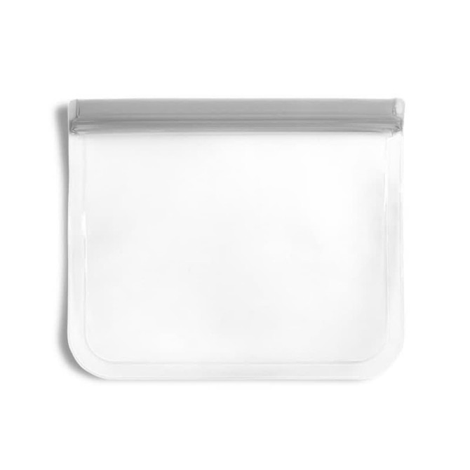 A clear reusable food storage bag with a grey zip seal, measuring 21.5 cm x 18 cm. It has a logo.