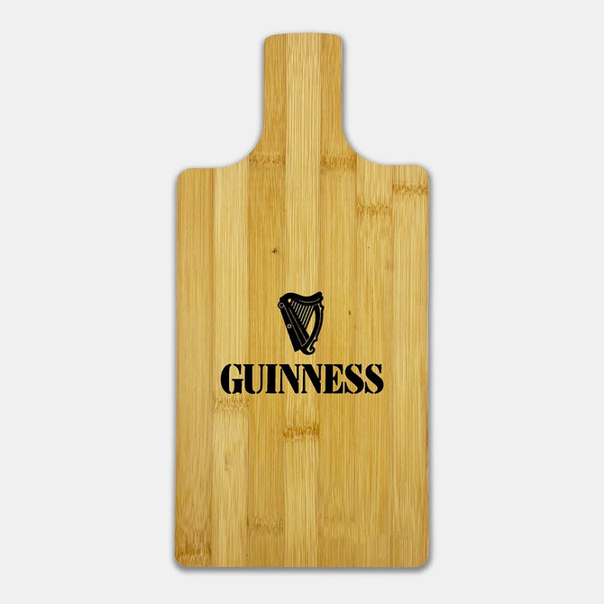 A bamboo paddle board in a natural finish featuring a black logo design.