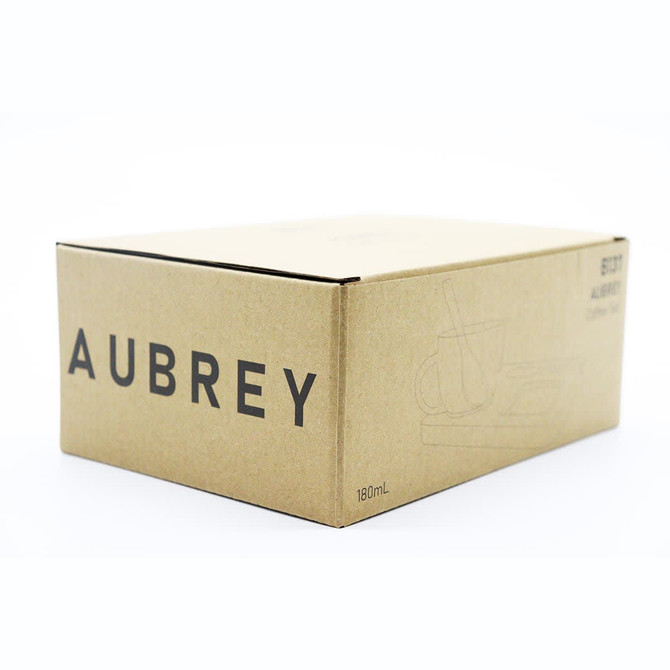 Aubrey Coffee/Tea Set packaging in a simple brown box, featuring a logo and product details on the side.