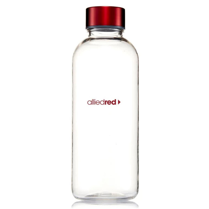 A drink bottle in clear plastic with a red lid and a logo on the side.
