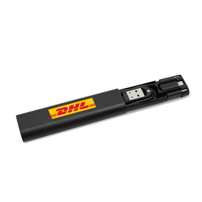 A black charging cable with a USB connector and a branding logo, housed in a sleek, portable case.
