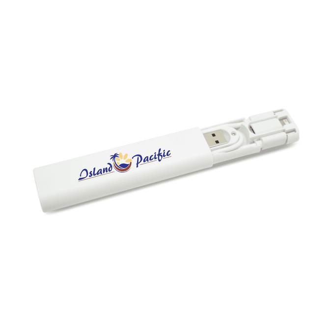 A white charging cable kit with a built-in holder and a logo.