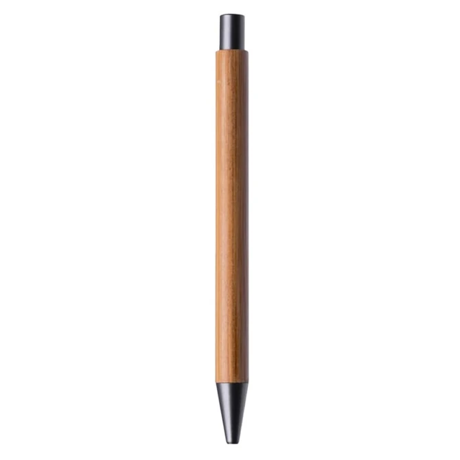 A bamboo pen with a black tip, featuring a sleek and simple design, and a branding logo.