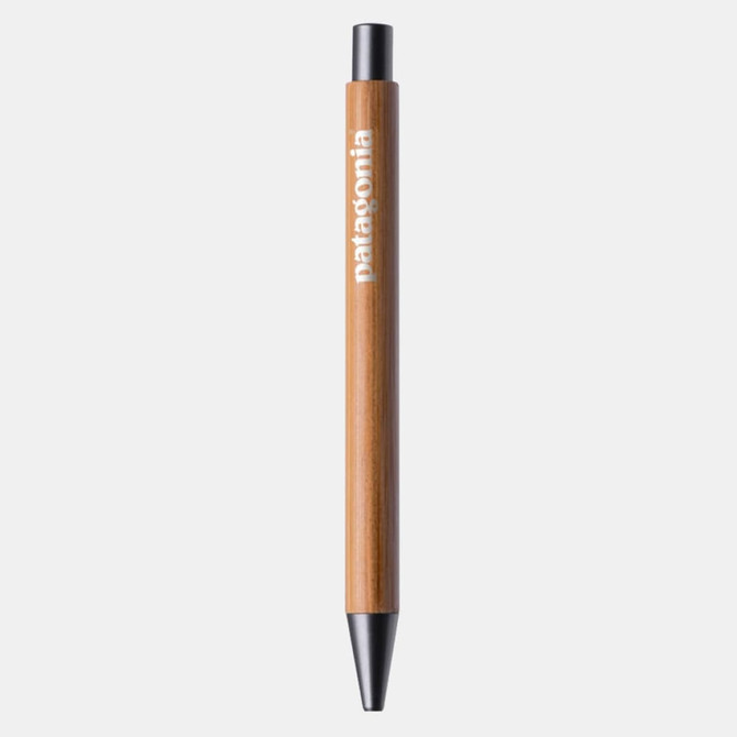 A wooden pen with a black tip, featuring a logo on the barrel. The pen has a natural bamboo finish.