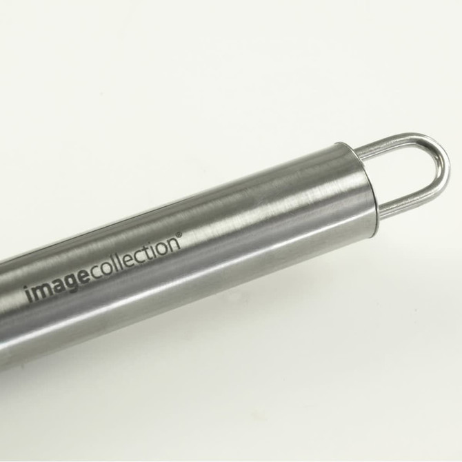 A stainless steel BBQ tool featuring a hanging loop and branded with a logo.