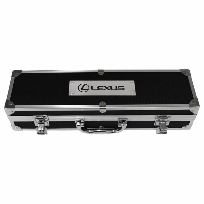 A sleek black deluxe case with silver accents, featuring a logo on the top.