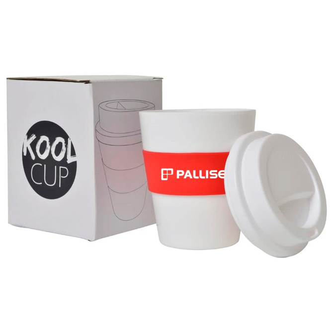 A drink bottle in white with a red band, accompanied by a white lid and a box featuring a logo.