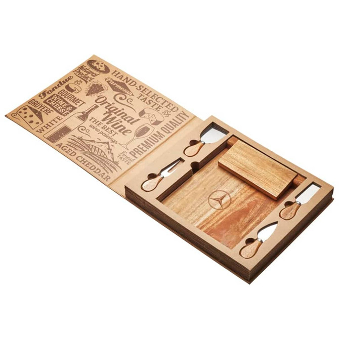 A wooden cheeseboard and knife set featuring various utensils and a decorative engraved lid. It has a logo.