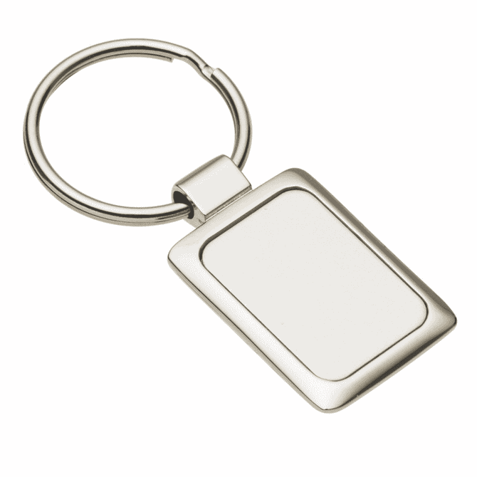 A rectangular silver keychain with a smooth, blank surface and a metal ring attachment.