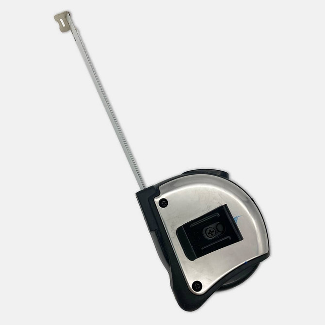 A silver and black professional 5 metre tape measure with a locking mechanism and a metal hook.