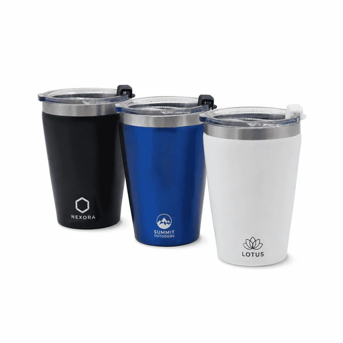 A drink bottle trio featuring a black, blue, and white tumbler, each with a branded logo and a clear lid.