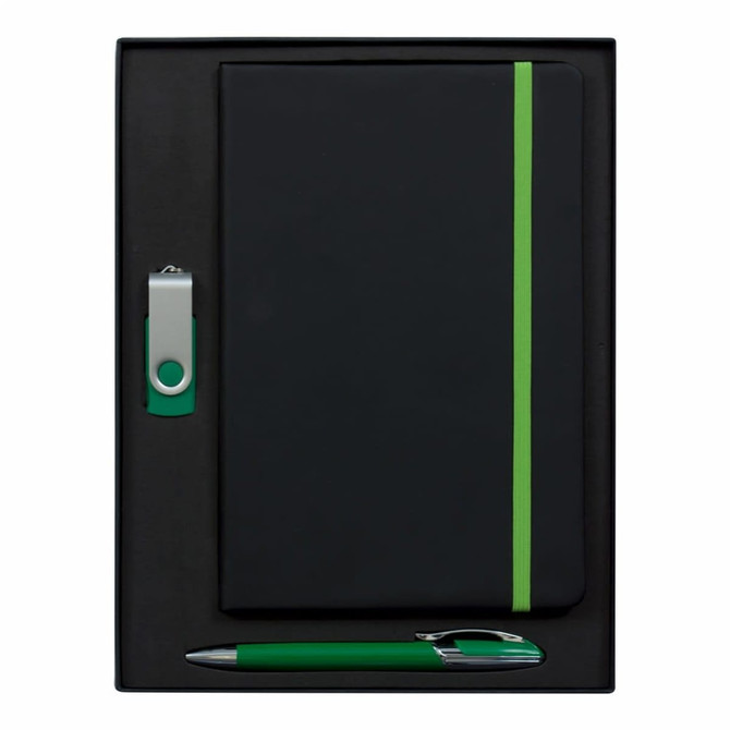A gift set featuring a black notebook with a green elastic band, a green pen, and a USB drive in a box.