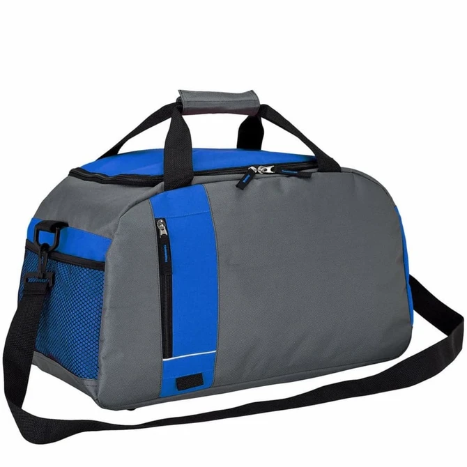 A grey and blue duffel bag with a shoulder strap, featuring zippers and mesh pockets, and a branding logo.