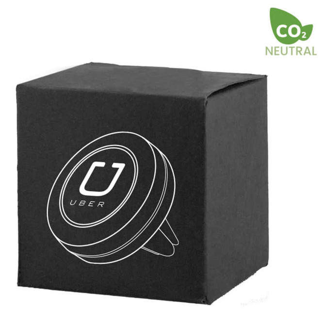A round black car phone holder in a black box with a logo. Features a CO2 neutral label.
