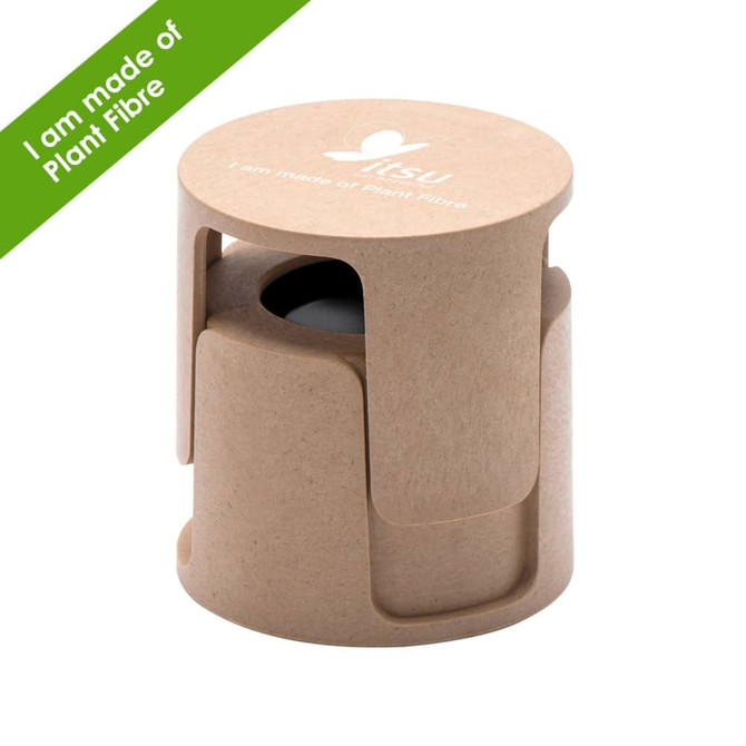 A wireless speaker made from plant fibre, featuring a rounded design in natural brown tones, with a logo on the surface.