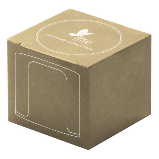 A square, eco-friendly box in brown, featuring a circular logo and an illustration of a wireless speaker.