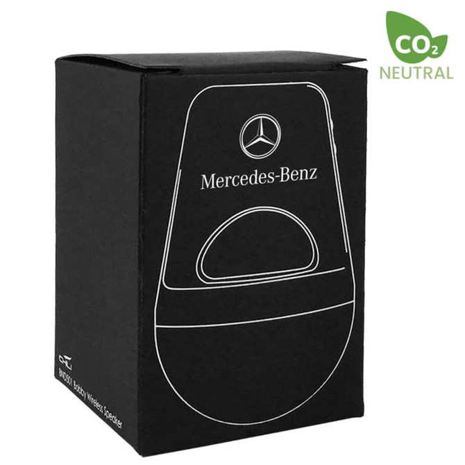 A black box featuring a wireless speaker design and a logo, displayed against a neutral background.