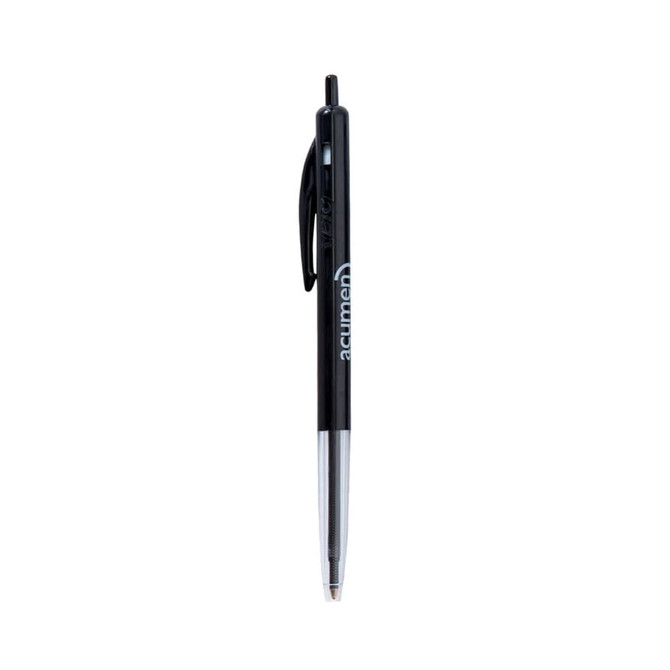 A black plastic pen with a silver clip, featuring a logo on the barrel.