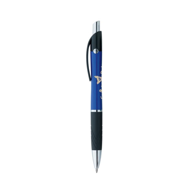 A blue and black pen with a shiny silver clip and grip, featuring a logo on its barrel.