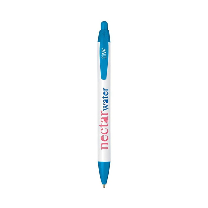 A blue and white pen with a logo and a click mechanism at the top.