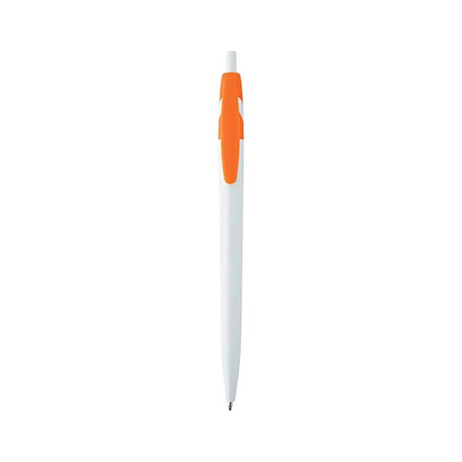 A plastic pen in white with an orange grip, featuring a logo on its body.