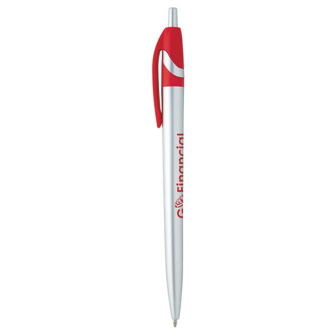 A metal pen in silver with a red clip and branding.