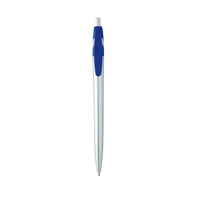 A silver metal pen with a blue grip and clip, featuring a logo on its body.
