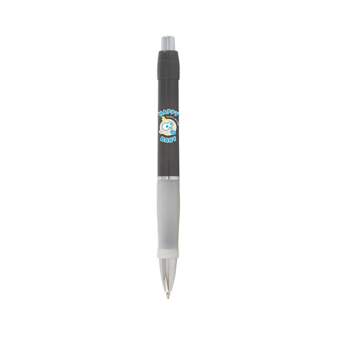 A grey pen with a white grip featuring a logo. It has a click mechanism and a metal clip.