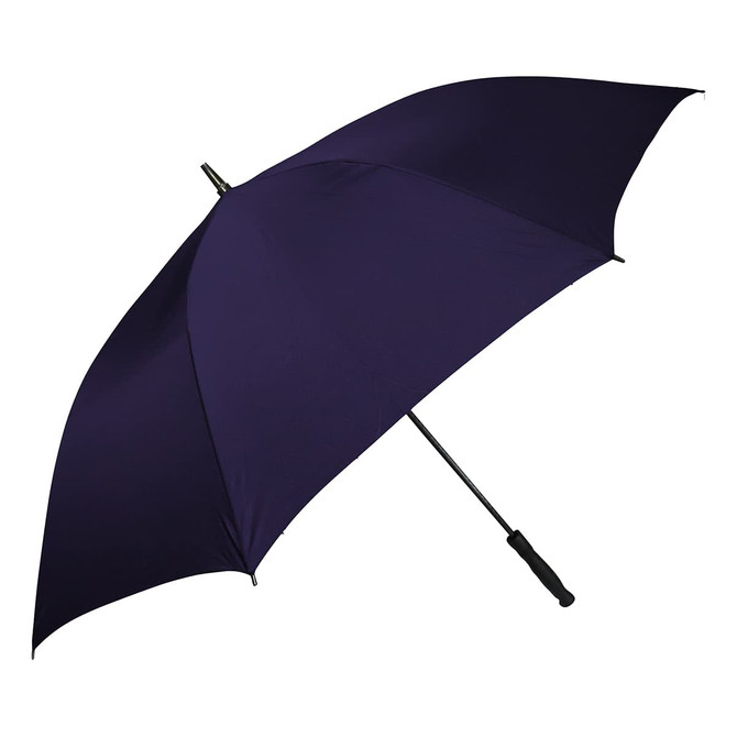 A navy umbrella with a black handle and a logo on the canopy.