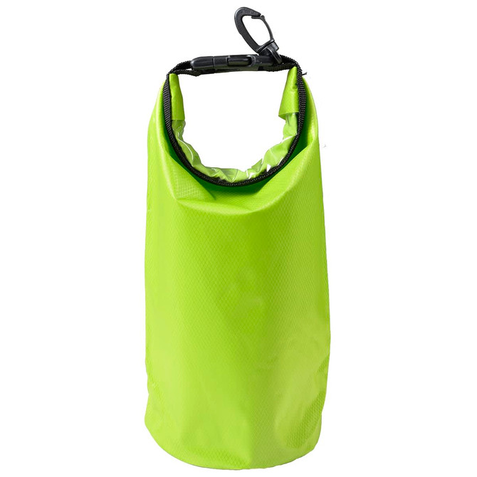 A bright green 2.5L dry bag with a handle clip, featuring a waterproof design and a roll-top closure.