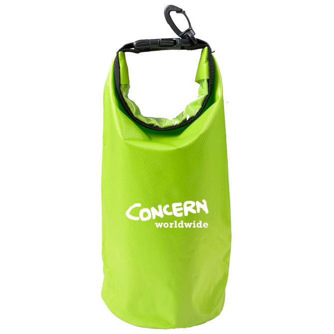 A bright green 2.5L dry bag with a clip and a logo, designed to keep contents dry.