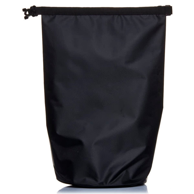 A black 10L dry bag featuring a secure closure and a textured surface, with a logo on the side.