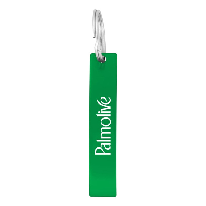 A green bottle opener with a loop attachment and a logo.