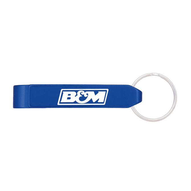 A drink bottle opener in blue with a silver keyring attachment and a logo.