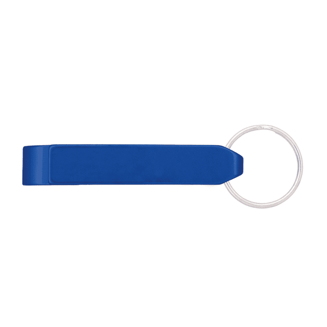 A drink bottle opener in blue with a metal keyring attachment, featuring a smooth, elongated design.