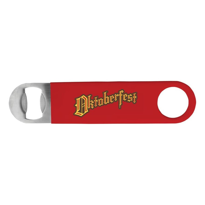 A drink bottle opener in red with a metal bottle-opening end, featuring a logo on the handle.