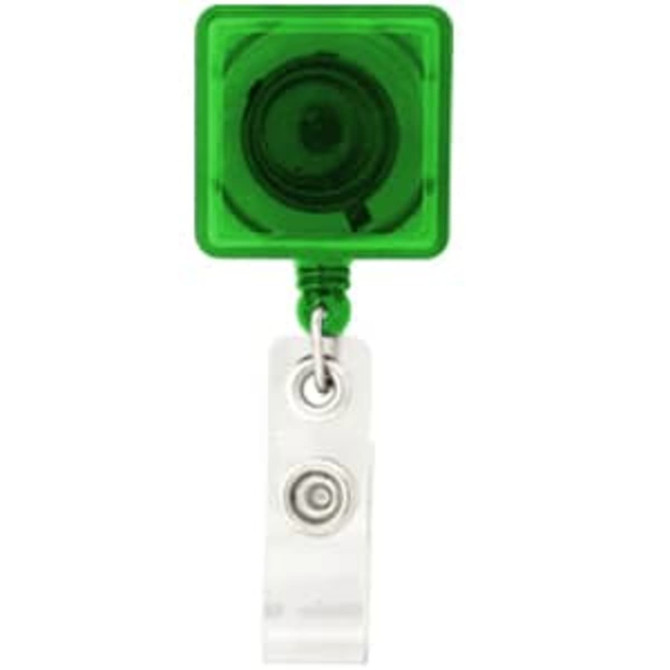 A green square badge holder with a clear clip for attaching to clothing or accessories.
