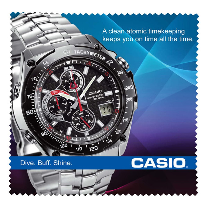A metallic wristwatch with a black dial, featuring multiple dials and a silver stainless steel band, displayed on a vibrant background.