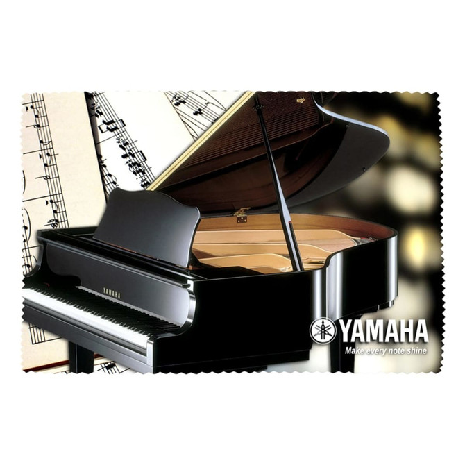 A black piano with its lid open, set against a backdrop of sheet music, featuring a logo in the corner.