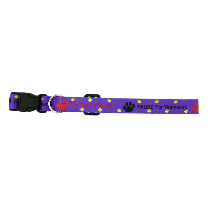 A purple dog collar featuring paw print designs and a buckle closure. It has a logo on the strap.