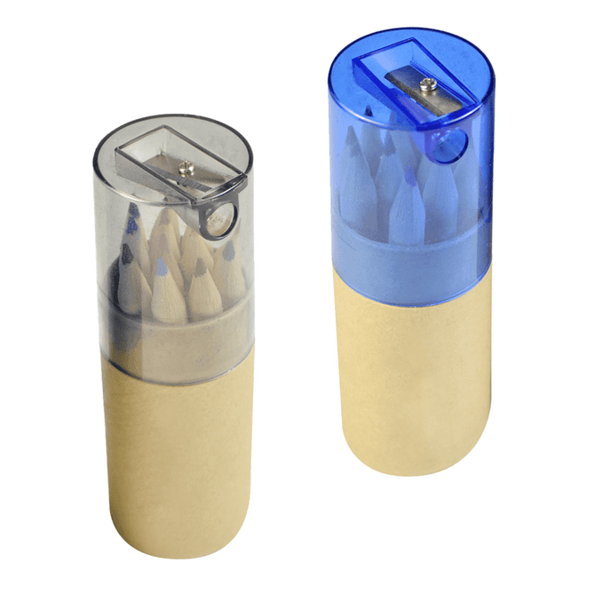 A 2 in 1 pencil set featuring coloured pencils with a sharpener, housed in translucent containers.