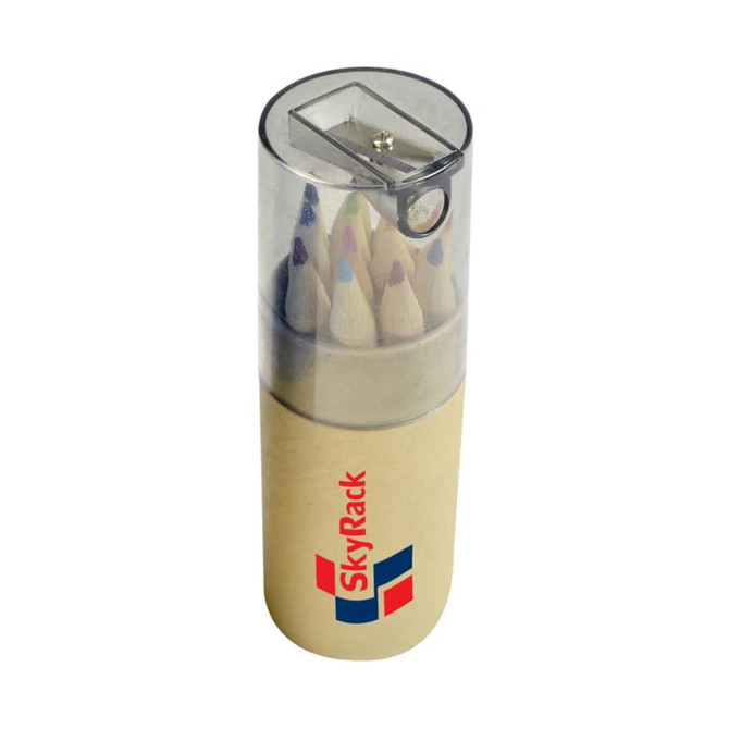 A pencil set featuring an assortment of coloured pencils housed in a clear, cylindrical sharpener container with branding.
