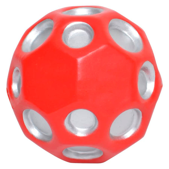 A red bounce ball with silver accents and cut-out holes, designed for fun and stress relief.