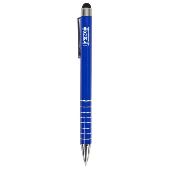 A blue stylus pen with a silver grip and a branding logo on the barrel.