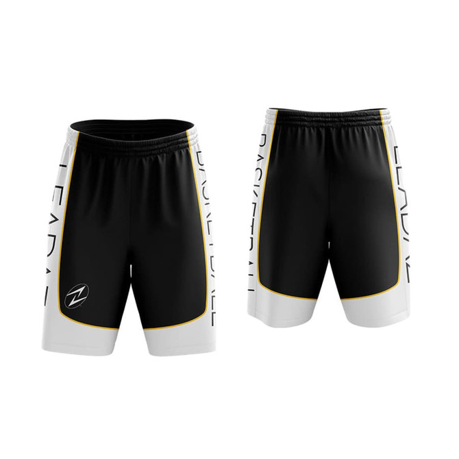 Basketball shorts in black with white and yellow accents, featuring a logo on the side.