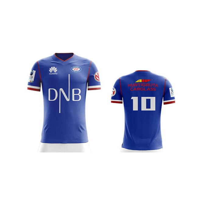 Blue soccer jersey with a crew neck, featuring red accents and a logo on the front and back.