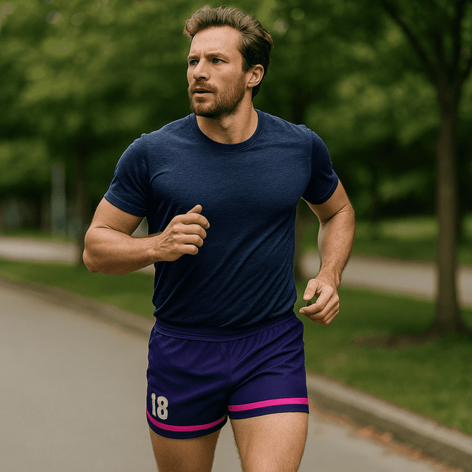 A man runs in purple and pink shorts, paired with a navy blue T-shirt, amid a green park setting.
